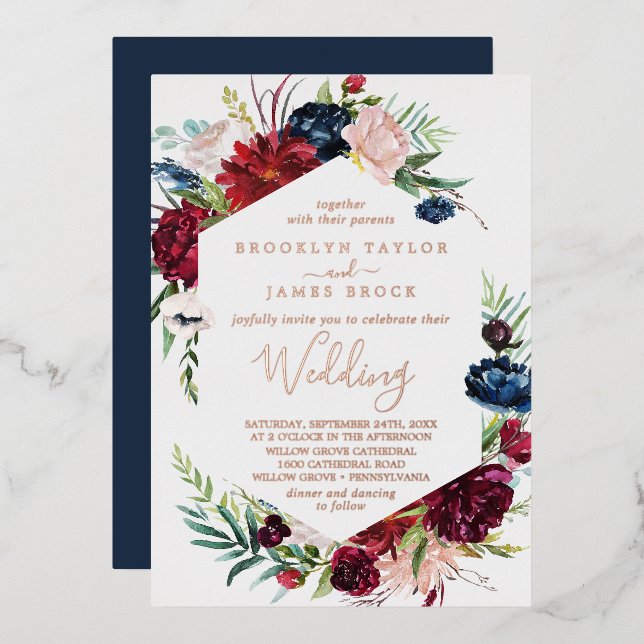 Herbstgarten | Rose Gold Foil bei einer Hochzeit Folieneinladung (Vorderseite/Rückseite)