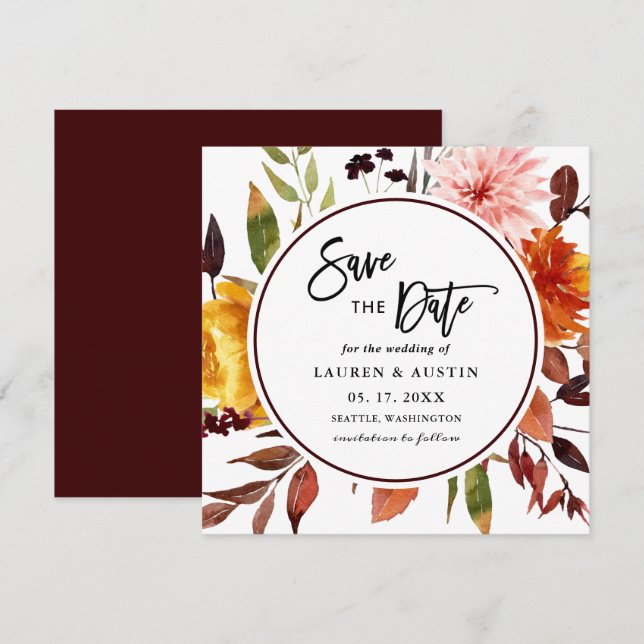 Herbstgarten Wasserfarben Hochzeitsplatz Gerettet  Save The Date (Vorne/Hinten)