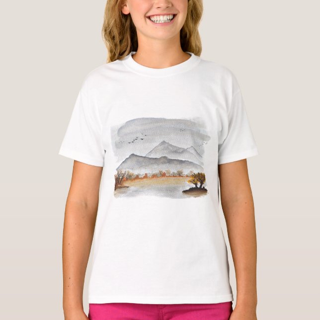 Herbstgebirge Landschaft Friedliche Wasserfarbe T-Shirt (Vorderseite)