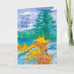 Herbstgebirge See Happy Birthday Brother Karte<br><div class="desc">Herbstsaison Geburtstagskarte mit einem Bergsee im Herbst mit Pflanze und Sträuchern,  die in den Felsen wachsen,  Farbwechsel in leuchtenden Gelben und Orangen mit einem Sternenhimmel,  der mit Tinte gezeichnet und mit Aquarellfarbe gestrichen ist.   Sie können den Text an Ihre Bedürfnisse anpassen.</div>