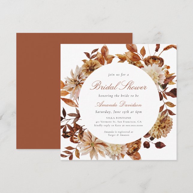 Herbstgeburt Burnt Orange Floral Boho Brautparty Einladung (Vorne/Hinten)