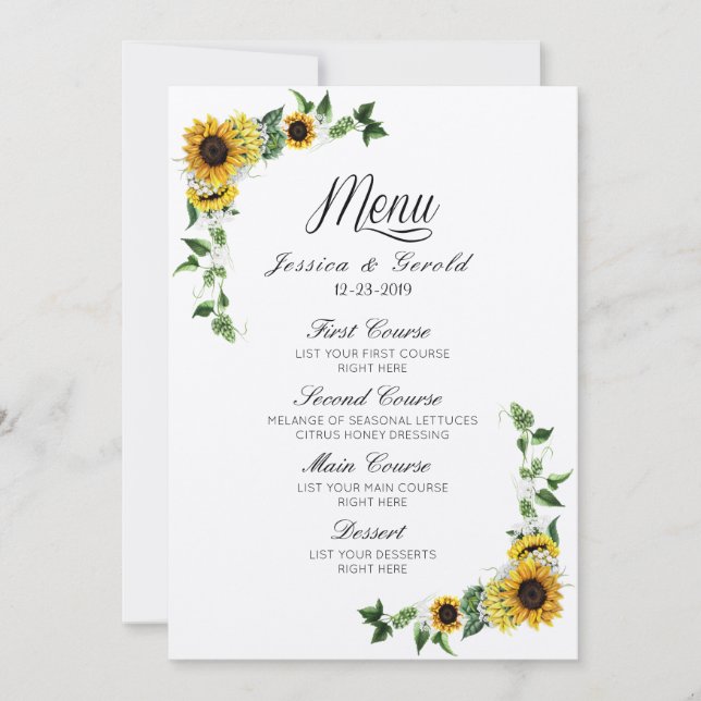 Herbstgelbe Sonnenblume Rustikales Hochzeitsmenü Einladung (Vorderseite)