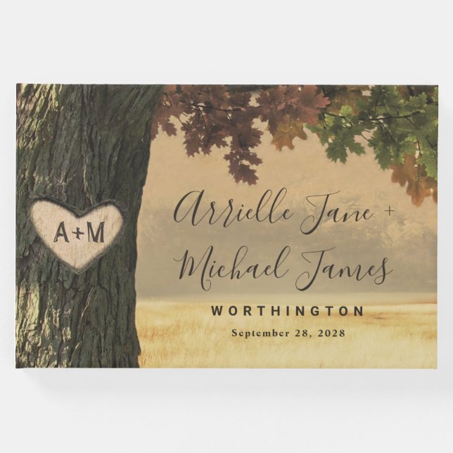 Herbstgemeißelte Eichenbäume Rustikale Waldhochzei Gästebuch (Vorderseite)