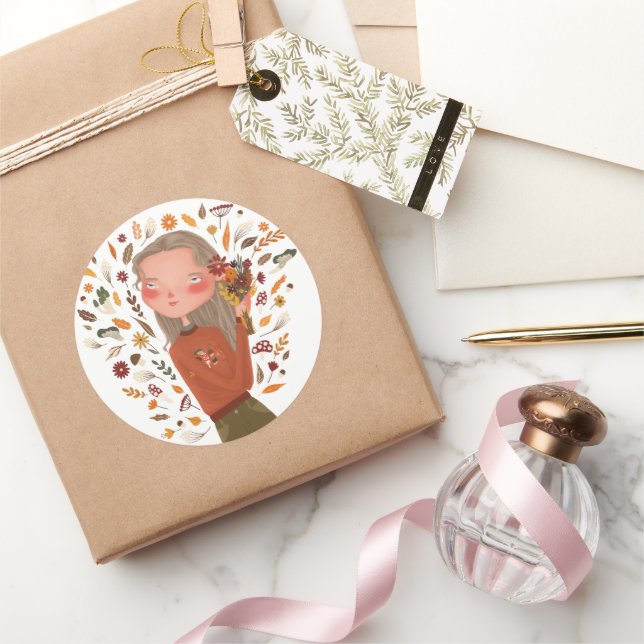 HerbstGirl-Blume und Zeichnend Blätter Runder Aufkleber (Schenken)