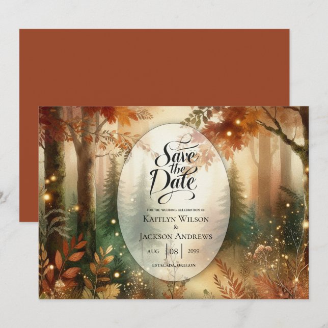 Herbstglühen bei der verzauberten Waldhochzeit Save The Date (Vorne/Hinten)