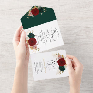 Herbstgold Burgund Emerald Grün Hochzeit All In One Einladung