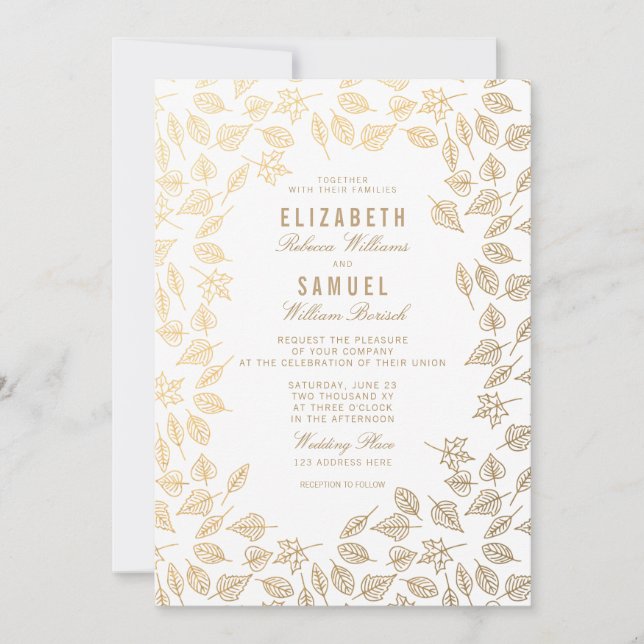 Herbstgoldene Blätter Saubere Weiße Hochzeit Einla Einladung (Vorderseite)