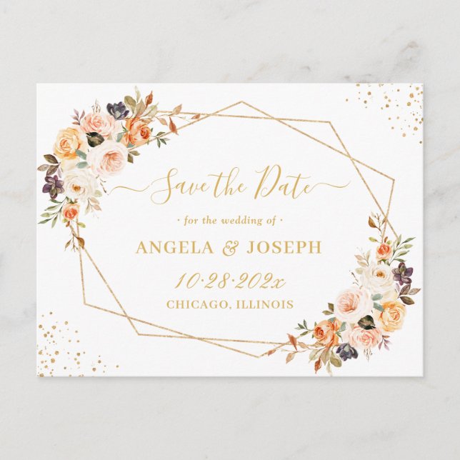 Herbstgoldene Bohemisch florale Save the Date Post Postkarte (Vorderseite)