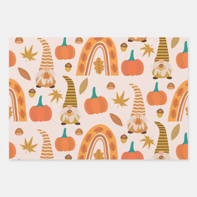 Herbstgome mit Regenbogen und Herbstlauben Geschenkpapier Set (Vorderseite)