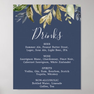 Herbstgrün   Marineblaue Hochzeitsgetränkekarte Poster