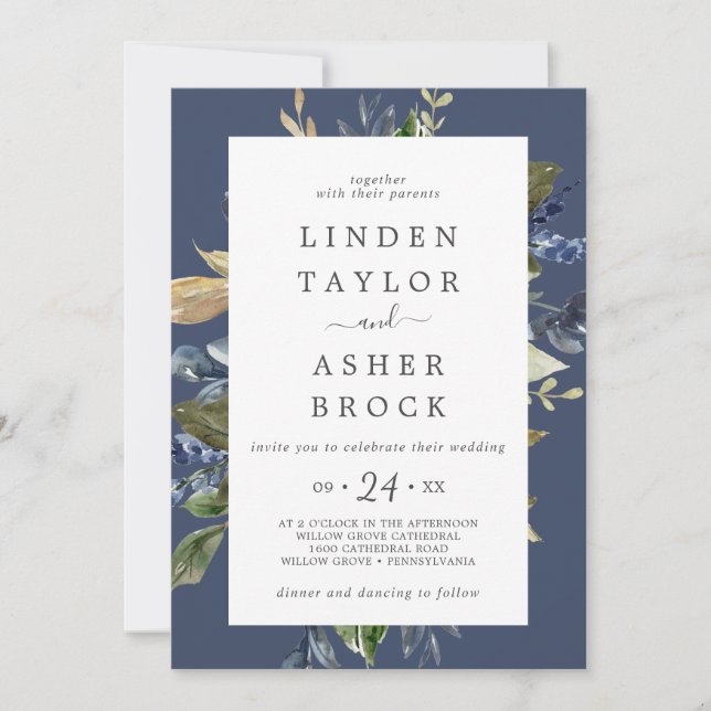 Herbstgrün | Navy Bold Names Wedding Einladung (Vorderseite)