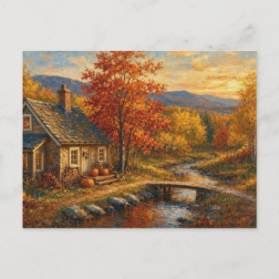 Herbsthaus Landschaft Waldsee Szene Postkarte