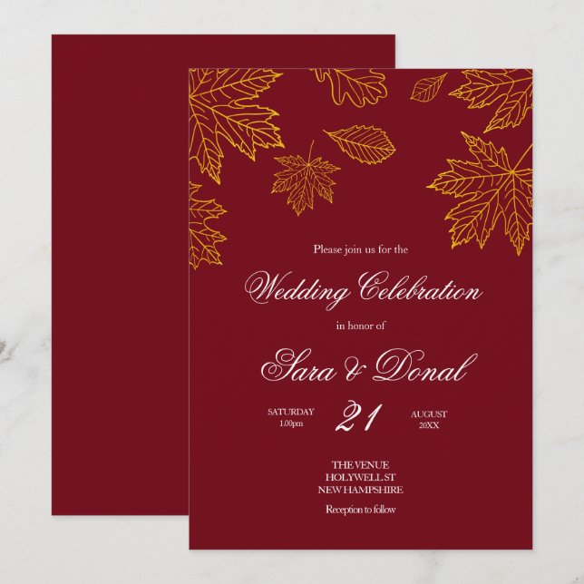 Herbsthochzeit in Burgund und Gold-Leaf Einladung (Vorne/Hinten)