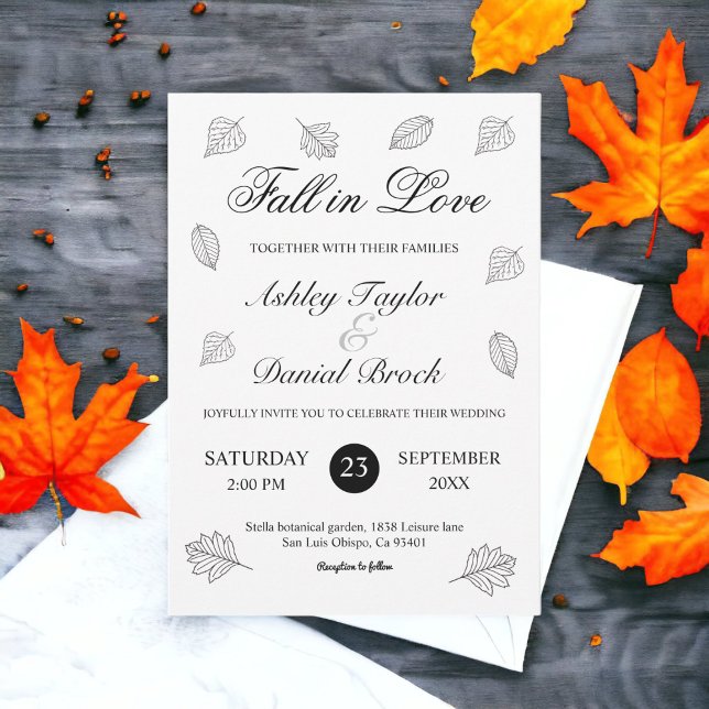 Herbsthochzeit in der Liebe Schwarz-Weiß-Blätter Einladung (Von Creator hochgeladen)
