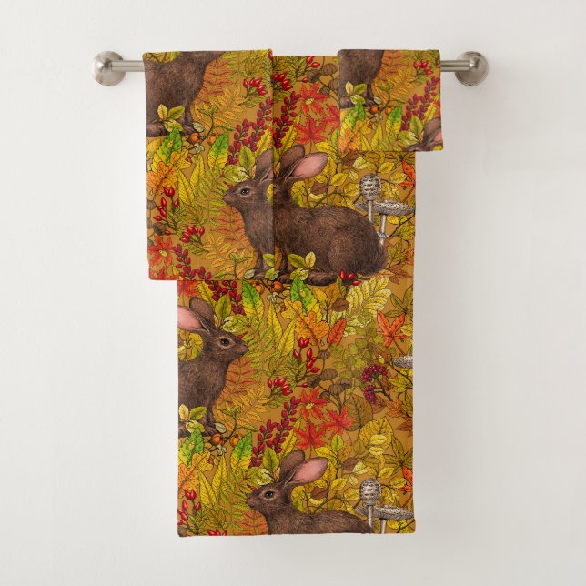 Herbstkaninchen auf Ocker Badhandtuch Set (Insitu)