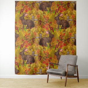 Herbstkaninchen auf Ocker Wandteppich