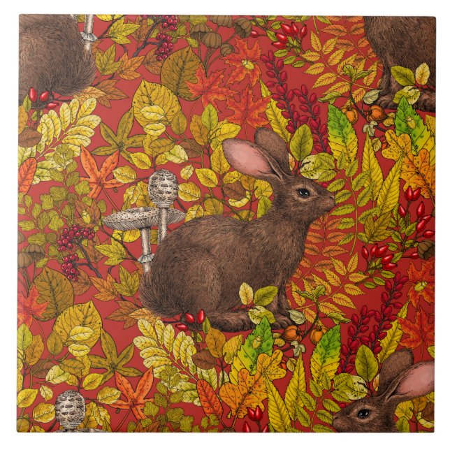 Herbstkaninchen auf rot fliese (Vorderseite)