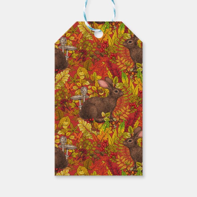Herbstkaninchen auf rot geschenkanhänger (Vorderseite)