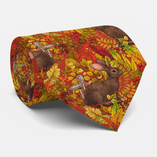 Herbstkaninchen auf rot krawatte (Gerollt)