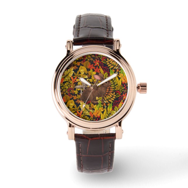 Herbstkaninchen auf schwarz armbanduhr (Vorderseite)