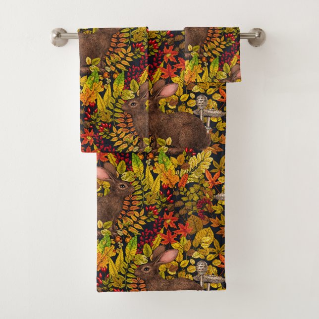Herbstkaninchen auf schwarz badhandtuch set (Insitu)