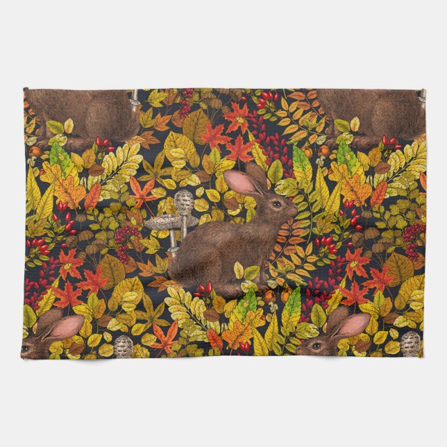 Herbstkaninchen auf schwarz geschirrtuch (Horizontal)