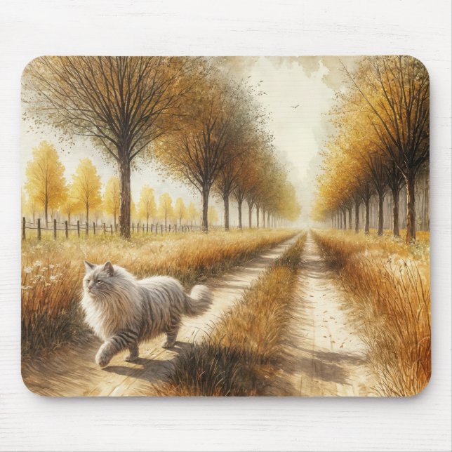 Herbstkatze, die die Straße hinunter geht Mousepad (Vorne)