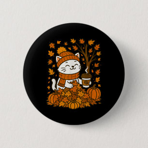 Herbstkatze Kaffee Kürbis Herbstlaub Kitty Cozy M Button