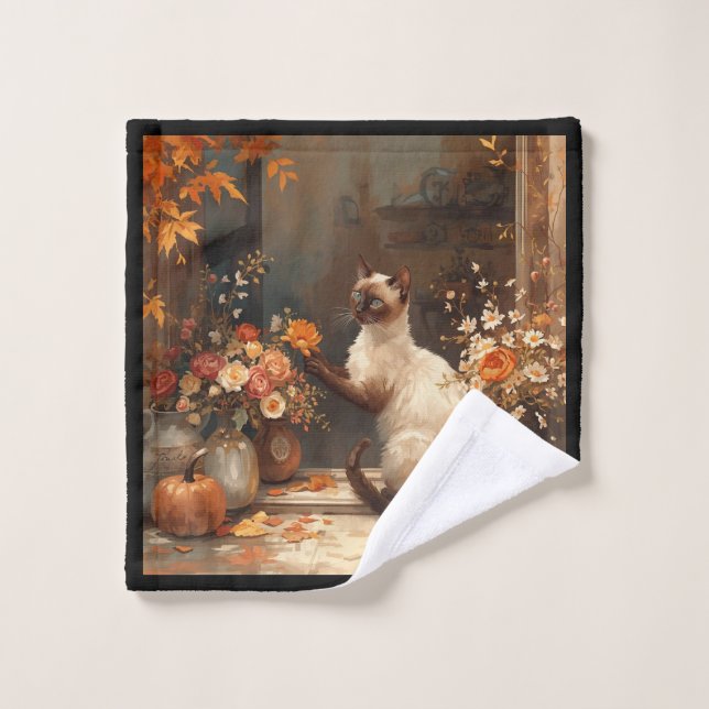 Herbstkatze mit Blume für den Erntedank Waschlappen (Waschlappen)