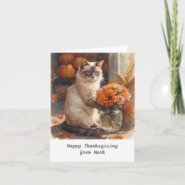 Herbstkatze mit Blume - Herbstsaison - Gruß Karte (Vorderseite)