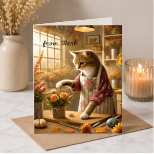 Herbstkatze mit Blumen – Gruß zur Herbstsaison Karte