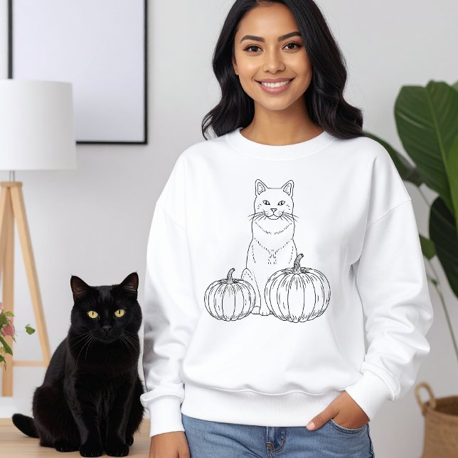 Herbstkatze mit Pumpkins Line Art Niedliches Hallo Sweatshirt (Disclaimer: This image is a digital mockup.)
