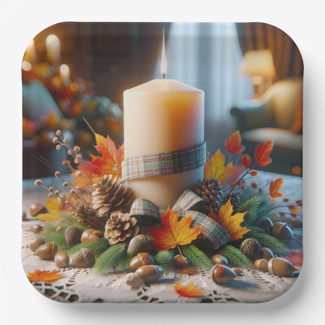 Herbstkerze mit Kernen und Band Pappteller (Vorderseite)