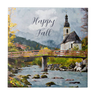 Herbstkirche und Bäume mit anpassbarem Text Fliese