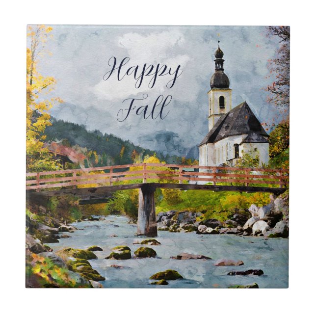 Herbstkirche und Bäume mit anpassbarem Text  Fliese (Vorderseite)