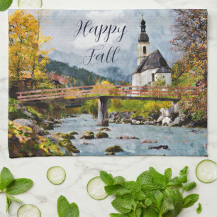 Herbstkirche und Bäume mit anpassbarem Text Geschirrtuch