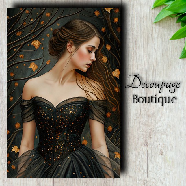 Herbstkönigin Black Gown Elegante Deko Seidenpapier (Autumn Queen Decoupage Tissue Paper)