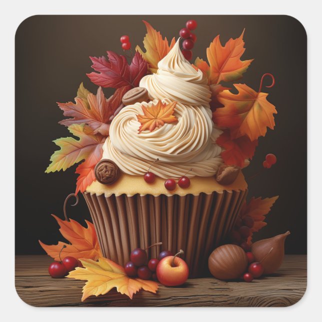 Herbstkuchen mit bunten Herbstlauben Quadratischer Aufkleber (Vorderseite)