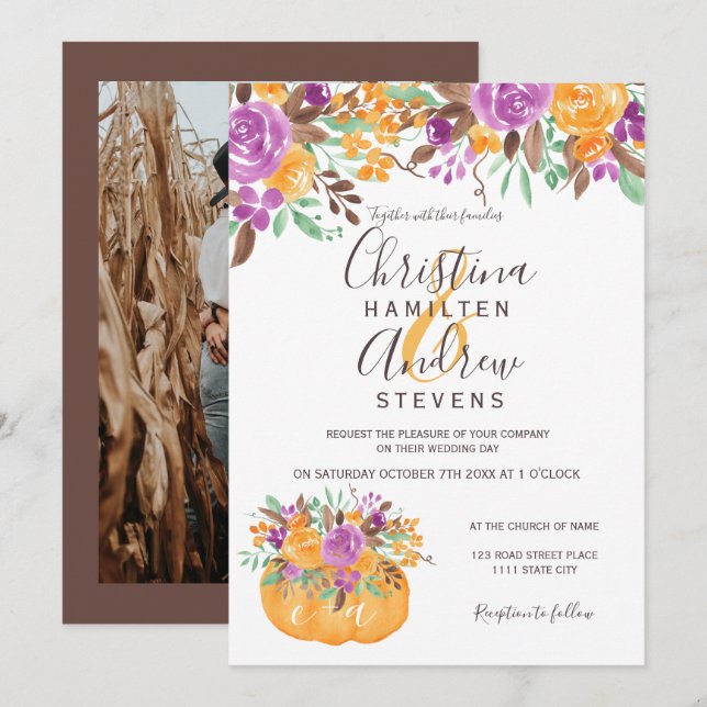Herbstkürbis Blumenorange Foto Hochzeit Einladung (Vorne/Hinten)