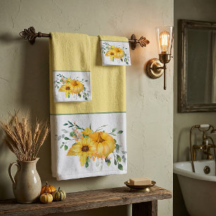 Herbstkürbis, Sonnenblumen und Grünpflanzen Badhandtuch Set