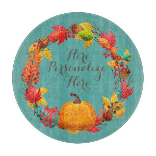Herbstkürbis und Herbstblattkranz aquamarin orange Schneidebrett