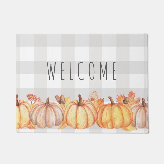 Herbstkürbis Wasserfarbe Gingham Begrüßungsmatte Fußmatte (Vorderseite)