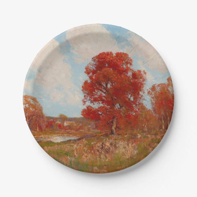 Herbstlandschaft (Landschaft im Herbst) (Rote Bäum Pappteller (Vorderseite)