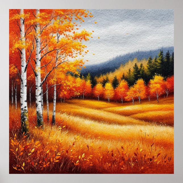 Herbstlandschaft mit Birkenbäumen Poster (Vorne)