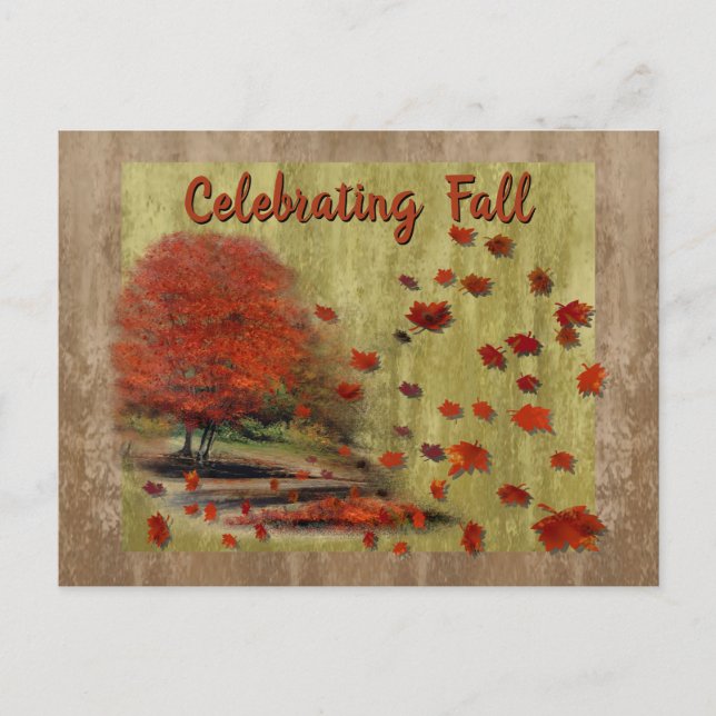 Herbstlandschaft mit fallenden Blättern Postkarte (Vorderseite)