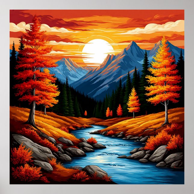 Herbstlandschaft mit Fluss, Berge Poster (Vorne)