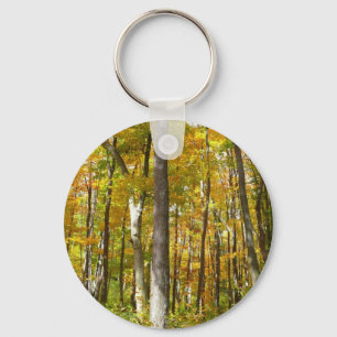 Herbstlandschaft mit Wald aus gelben Blättern Schlüsselanhänger