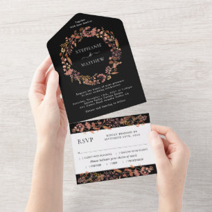 Herbstlaub-Aquarell-Kranz-Hochzeit Schwarz All In One Einladung