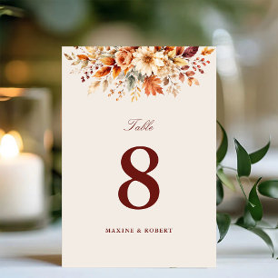 Herbstlaub Botanische Aquarell-Hochzeit Tischnummer