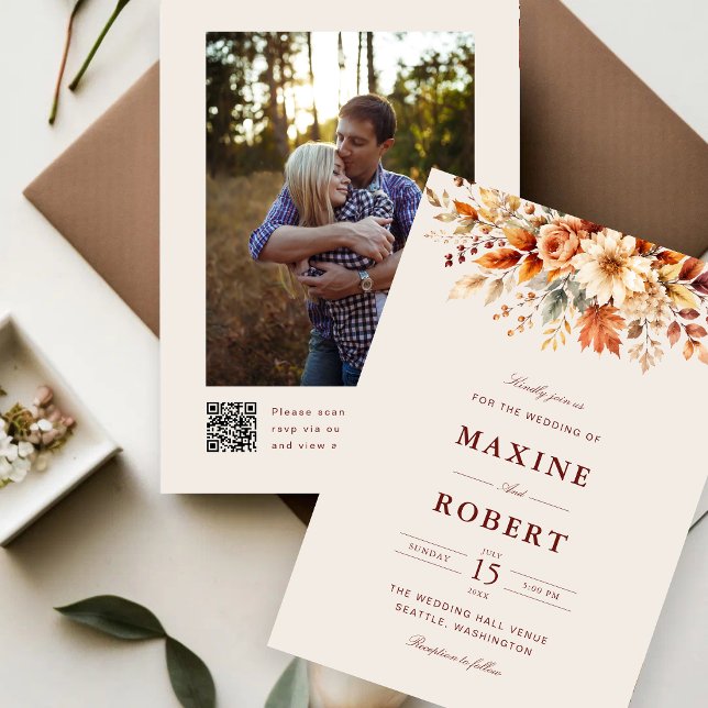 Herbstlaub Botanischer QR-Code Foto Hochzeit Einladung (Fall leaves QR code photo invitation captures your autumn romance with timeless elegance.)